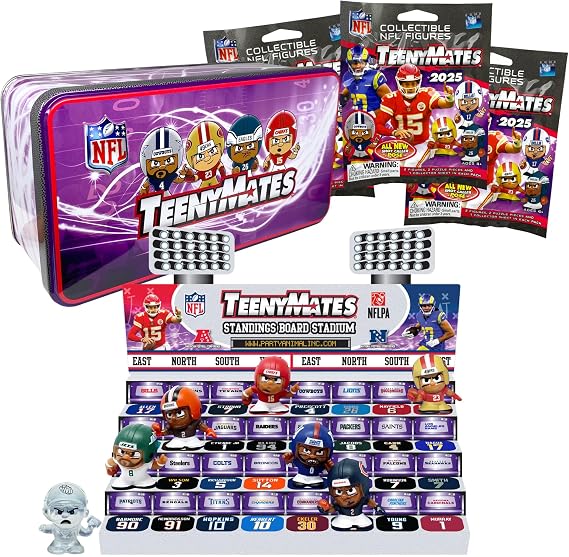 Teenymates Party Animal NFL 2024 Series 13 Collector Tin, 7 Figures (Includes Color Rush QB), 1 Inch Tall, Team Colors