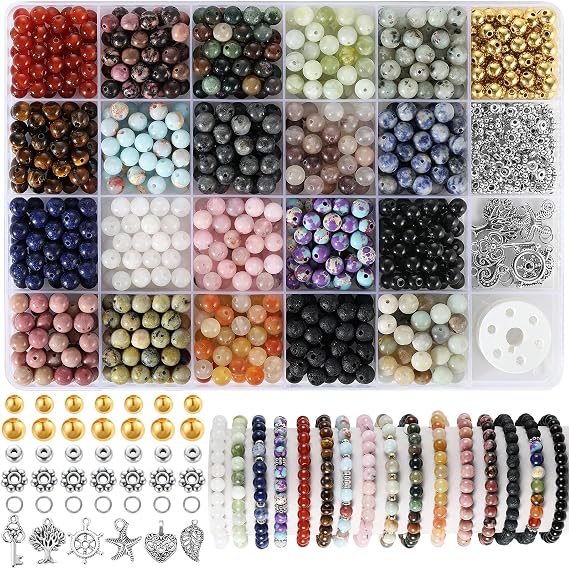 Zefy 996 Pcs 6mm Natural Stone Beads, Beads for Jewelry Making (20 Colors) | Round Crystals Bead Genuine Real Stones, Gemstone Beads Kit with Spacer Beads Charms for Bracelets DIY Jewelry Making
