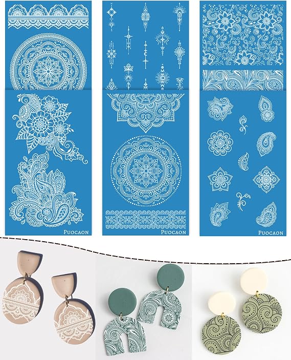 Puocaon Mandala Clay Silk Screen - 6 Pcs Reusable Silk Screen Stencils for Polymer Clay Jewelry, Paisley Polymer Clay Silk Screen Stencils for Earrings, Bohemian Polymer Clay Silk Screen Stencils