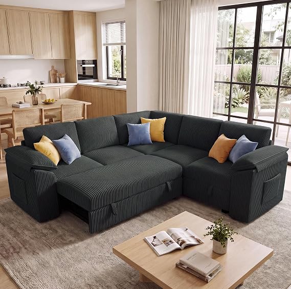 Modular Sectional Sofa for Living Room, Sleeper Couch, Black