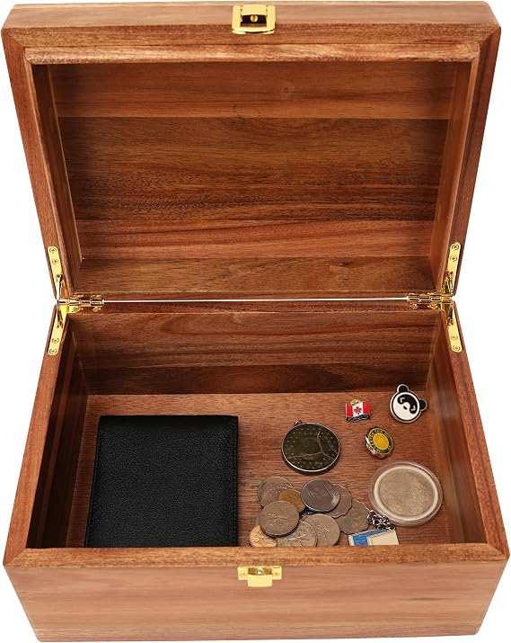 Handmade Premium Solid Acacia Wood Box with Hinged Lid Natural Unique Finish, Golden Hinges & Latch Closure, Secure Storage for Tea, Jewelry, Crafts, Tools & More 11" x 8" x 5.25" inch