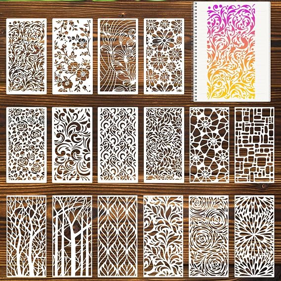 16Pcs Stencils for Crafts Reusable Stencils for Painting Texture Template for Art Stencil for Painting Wood Grains Flower Templates for Canvas Scrapbooking Journaling DIY (Forest Textures)