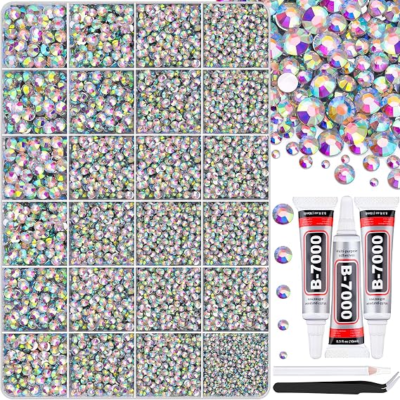 30000Pcs AB Rhinestones for Bedazzling with B7000 Jewelry Glue, Bedazzler Kit Bulk Flatback Gems, Resin Rhinestones for Crafting Crafts Clothing Shoes Fabric Nail Art Assorted Size 2/3/4/5/6mm
