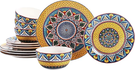 Bico Havana Ceramic 12 pcs Dinnerware Set, Service for 4, Inclusive of 11 inch Dinner Plates, 8.75 inch Salad Plates and 26oz Cereal Bowls, for Party, Microwave & Dishwasher Safe