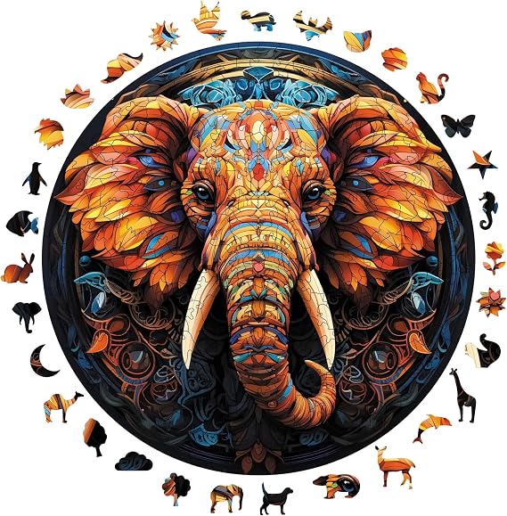 Ahşap Puzzle Yetişkin - Renkli Fil - 252 Parça, 29 x 29 cm - Yapıştırıcı Folyo Dahil - Benzersiz Şekilli Parçalar & Özel Figürler - A1-07