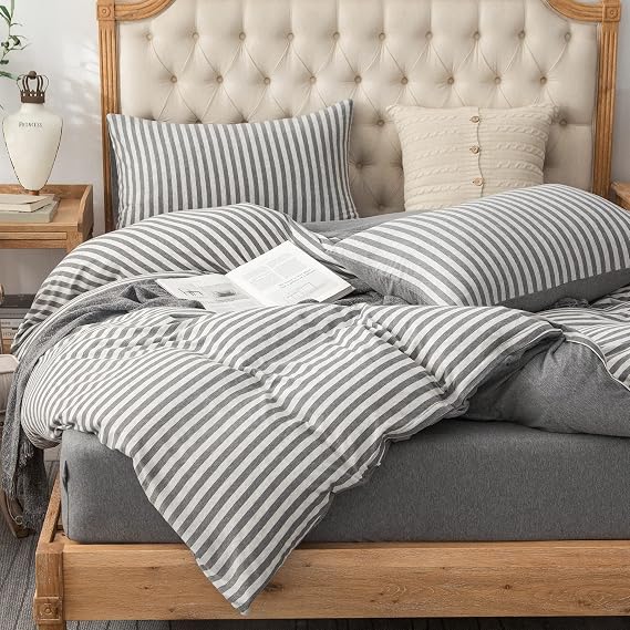 PURE ERA Jersey Duvet Cover Set Heather Grey Stripe Queen