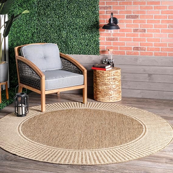 Nuloom Asha Light Brown/Ivory, 6'7" Round, Casual, Striped Border, Soft and Cozy, High Traffic, Easy Clean, Durable Area Rug for Indoor/Outdoor Patio, Deck, Porch, Garden, Courtyard