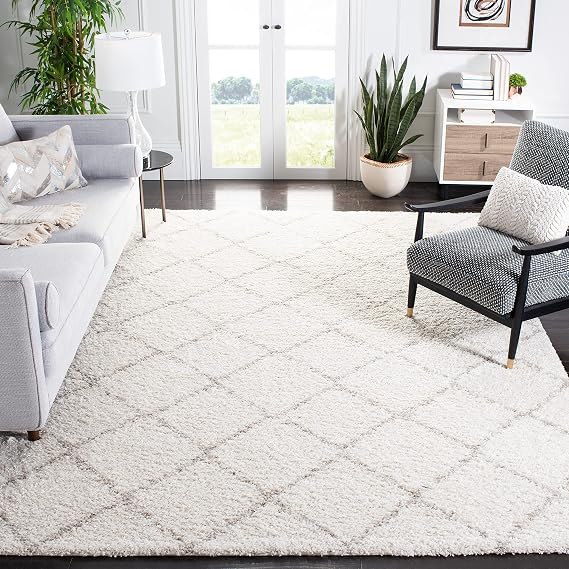 SAFAVIEH Area Rug 9x12 - Arizona Shag Collection - Large - Ivory & Beige, Trellis Design, Non-Shedding & Easy to Clean, Ideal for Living Room, Bedroom, Dining Space (ASG742A)
