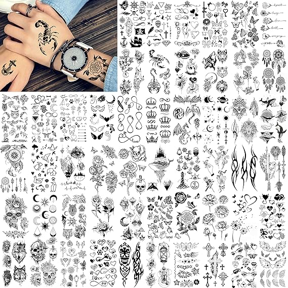 FANRUI 52 Sheets Creative Black Tiny Crown Infinity Triangle Fake Tattoos For Men Women Realistic Stars Letters Tattoos For Kids Temporary Waterproof Arm Hand Face Finger Neck Tatoo Stickers
