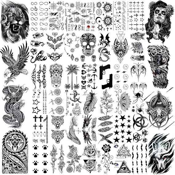 VANTATY 50 Sheets Black Temporary Tattoos For Men Adults Ealge Dragon Lion Wolf Animals, Fake Small Temporary Tattoos For Women Neck Arm Thigh, Skull Tattoo Sticker For Kids Boys Girls Tatoos