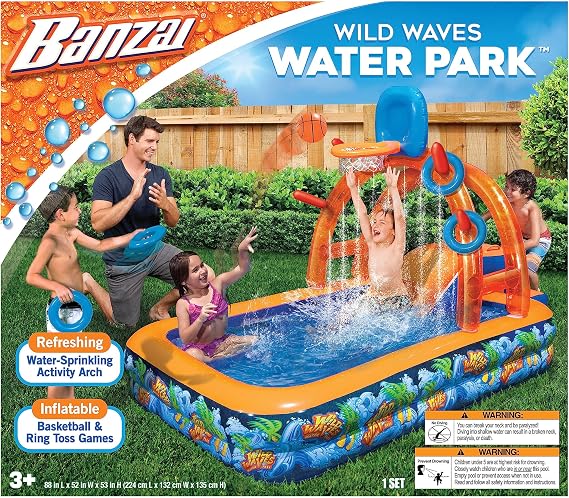 Banzai Wild Waves Water Park, Length: 88 in, Width: 52 in, Height: 53 in, Inflatable Outdoor Backyard Water Splash Toy