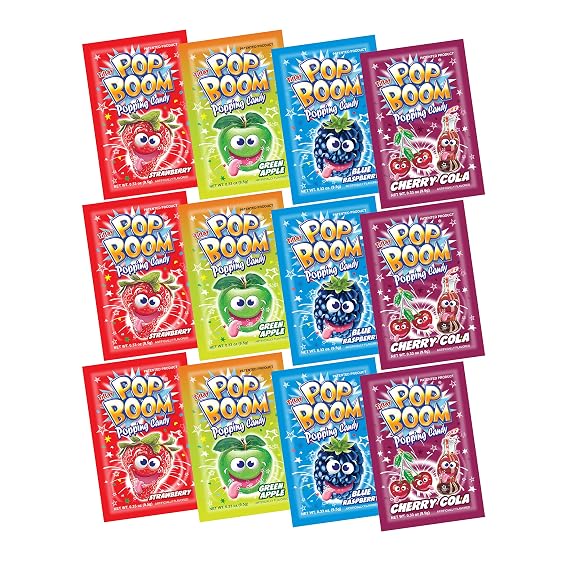 Pop Boom Popping Candy 12 Pack | 3 pack each of Strawberry, Blue Raspberry, Green Apple, Cherry Cola