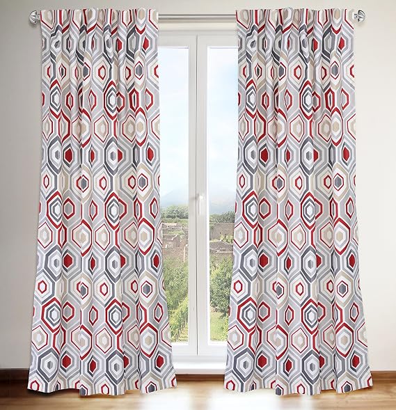 434 Tilly Geometric Tab Top Curtain Panel Pair, 54" W x 88" L, White/Grey/Red